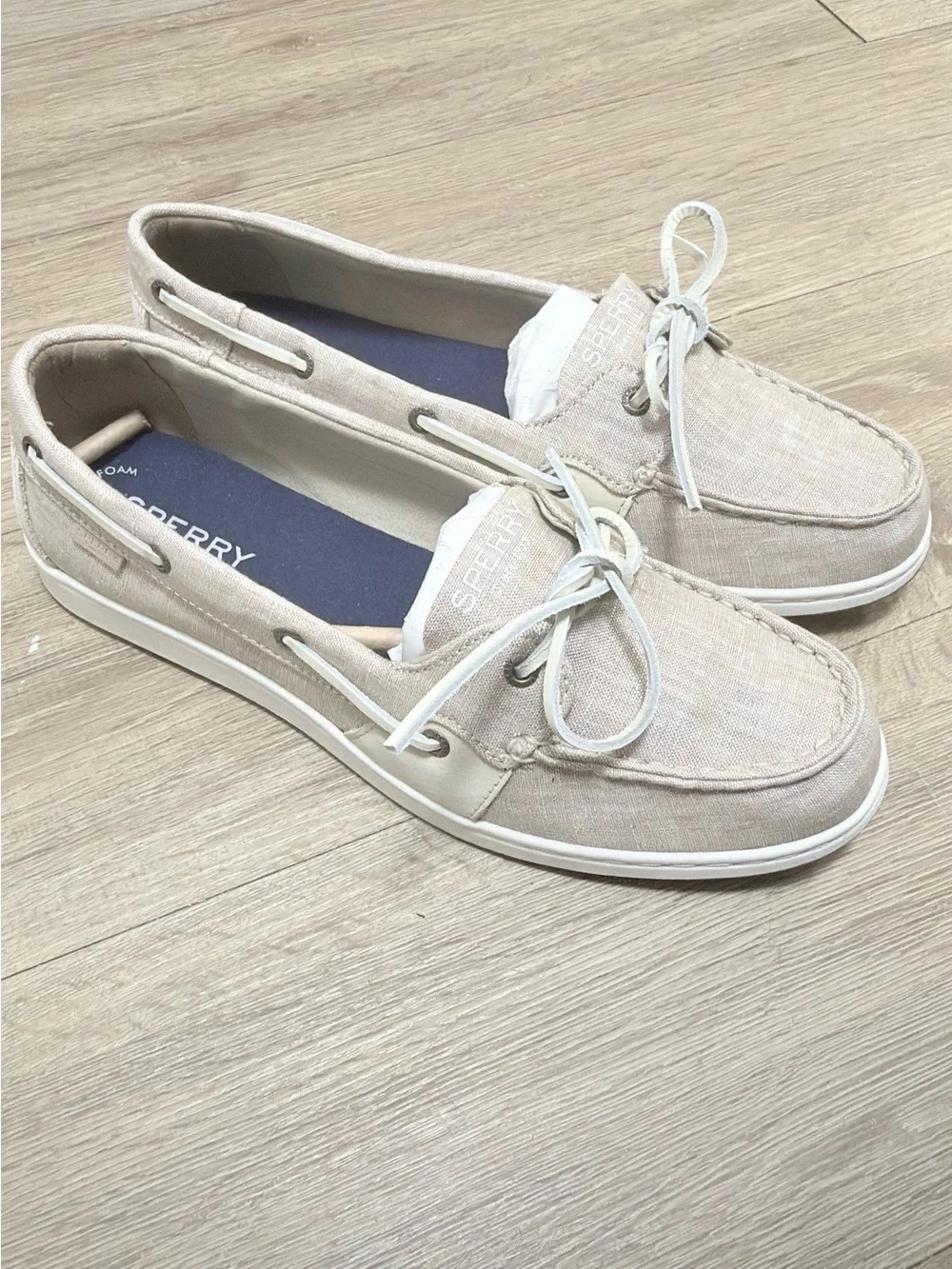 Sperry topside woman Light Beige Canvas Boat Shoes with White Laces